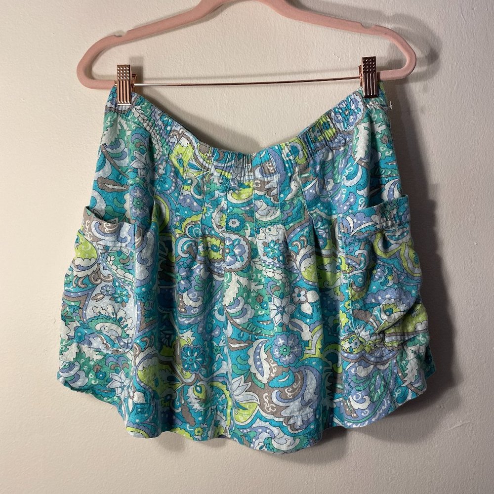 Old Navy | Green/Blue Paisley Print Linen Blend Pleated Skirt w/ Pockets M